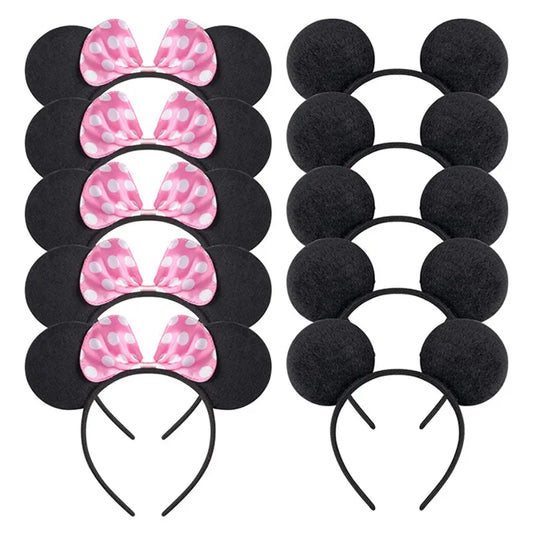6Pcs Mickey Mouse Ears Solid Black Red Bow Headband Set Costume Deluxe Fabric Mouse Ears Headband for Party Favor Decorations
